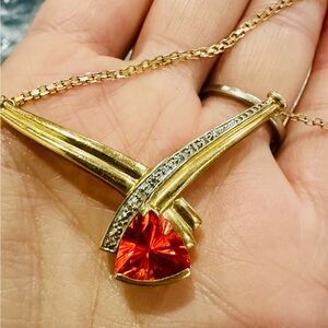 XL Solid Real 10K Gold Natural Diamond Radiant Orange Topaz Heavy Gold Necklace